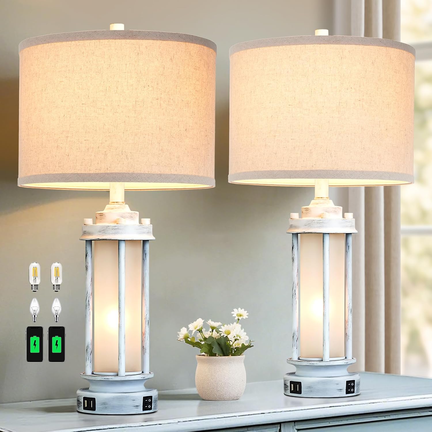 AIEAMPDO 25' Rustic Table Lamps Set of 2, Vintage Nightstand Lamps with 2 USB Ports, Farmhouse Antique White Desk Lamp with Glass Night Light for Living Room Bedroom Dorms, 4 Bulbs Included