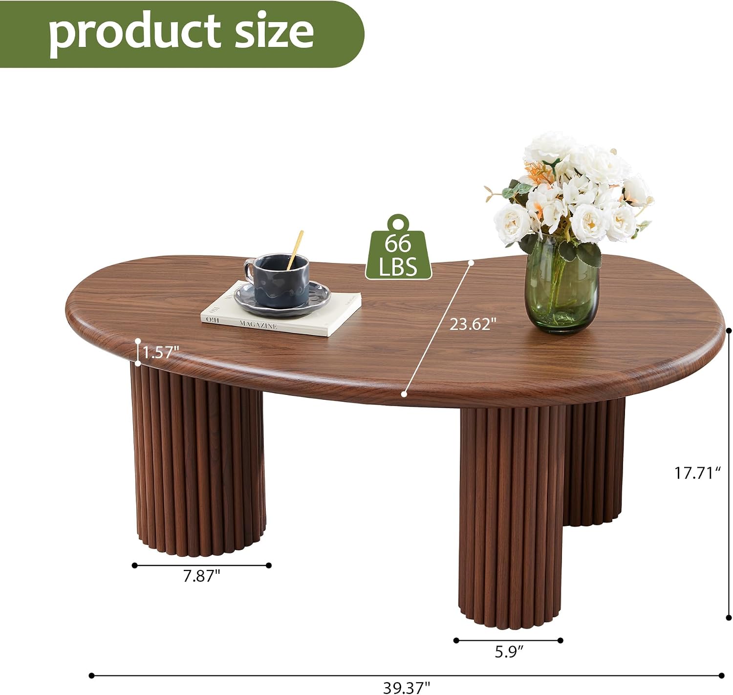 Fluted Coffee Table, 39'' Farmhouse Coffee Tables for Living Room, Low Wood Accent Center Table Small Tea Table with Sturdy Base & Rounded Corners for Small Space Home Office (Walnut)