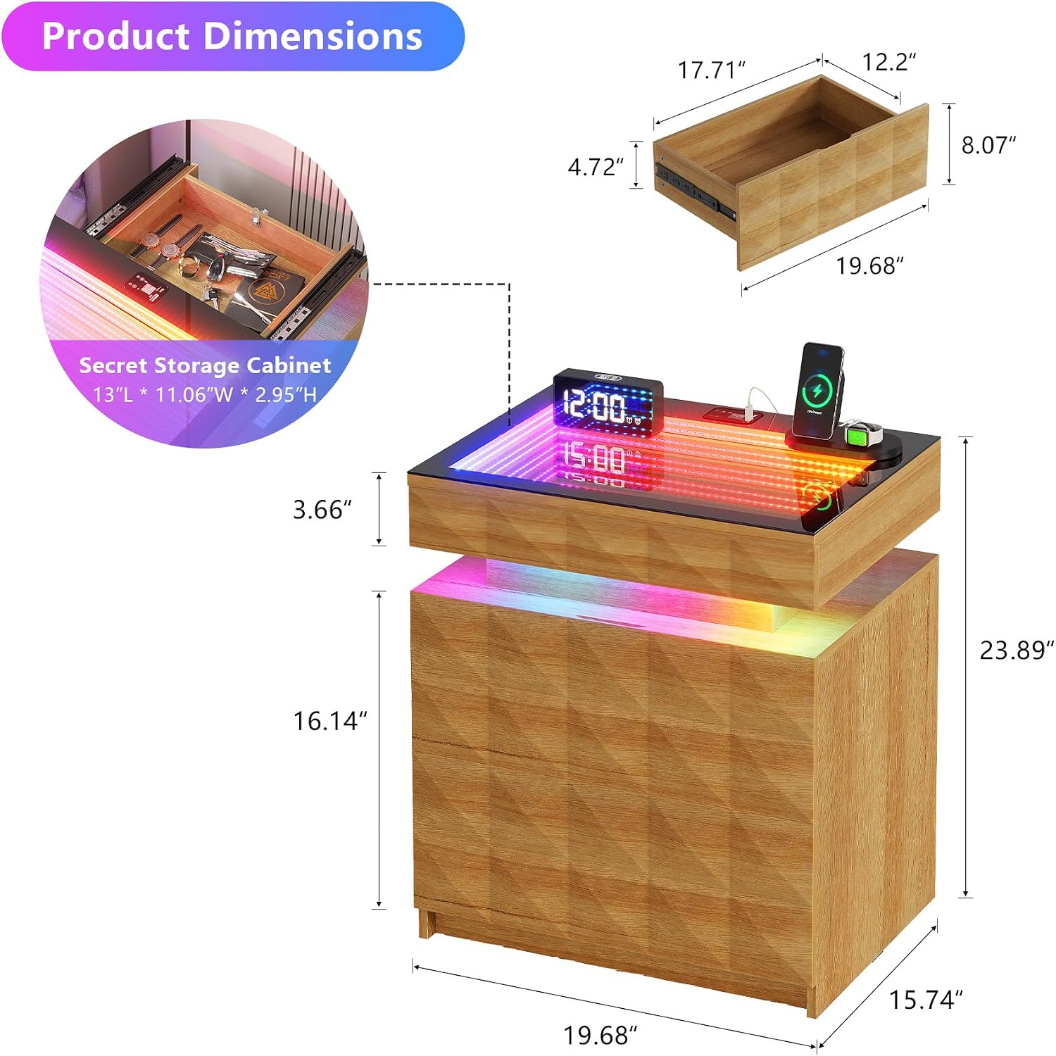 Wood Night Stand with Charger Station & RGB Lights, LED Bedside Table with Tempered Glass, Sliding Top, 3 Drawers and Hidden Storage, End Side Table for Bedroom Livingroom