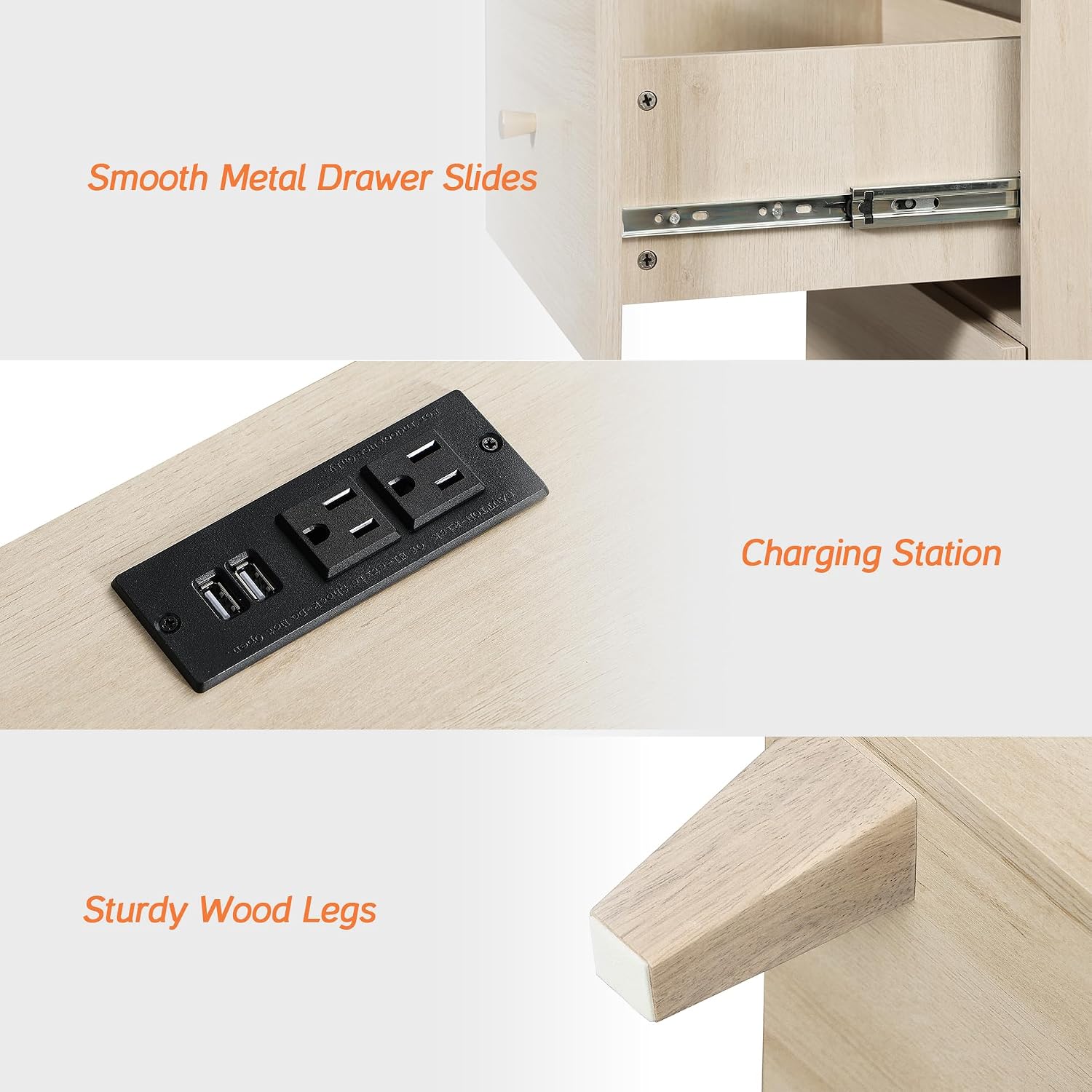 WAMPAT Nightstands with Charging Station & 2 Drawers, Set of 2 Modern Mid-Century End Tables Wooden Bedside Table for Living Room, Bedroom Storage, Light Oak