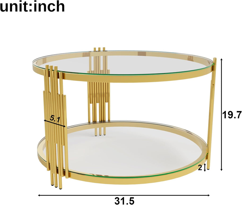 Modern Glass Coffee Table in 31.5', Asymmetrical Metal, Circular Metal Drum Base, Gold Finish & Lower Shelf