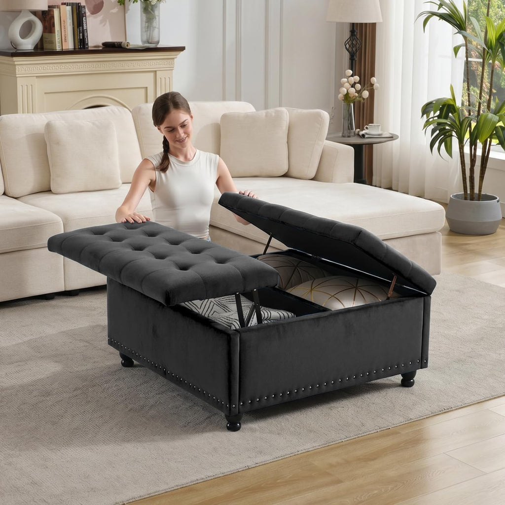 Tbfit Large Square Storage Ottoman Bench, Tufted Upholstered Coffee Table Ottoman with Lift Top & Wooden Legs, Oversized Storage Ottomans Toy Box for Living Room (Black Velvet)