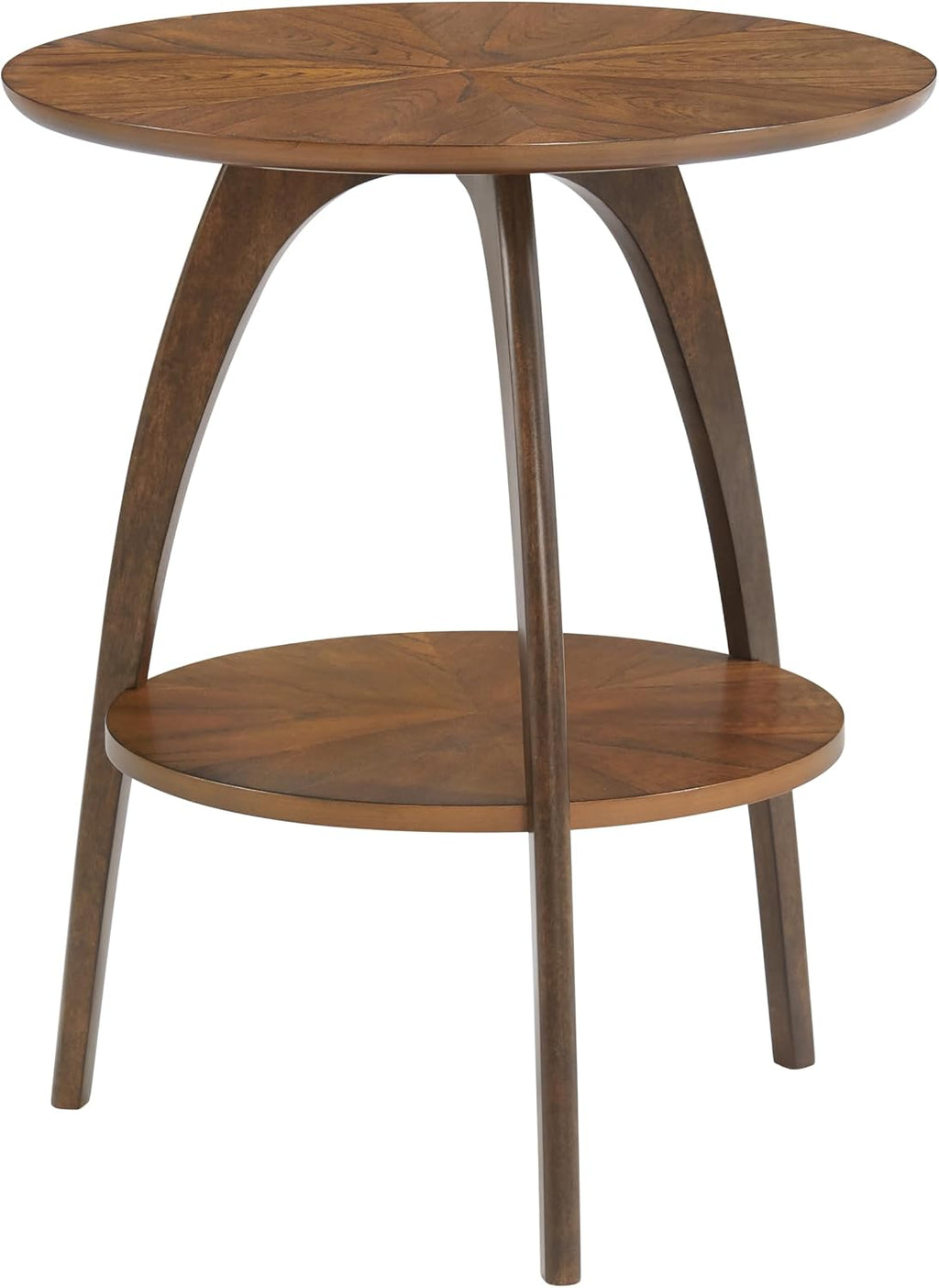 Retro Mid-Century Modern Round Wood End Table, Solid Grain Side Table with Lower Shelf, Small Accent Table for Living Room or Nightstand. Nutmeg Brown Top with Espresso Brown Legs