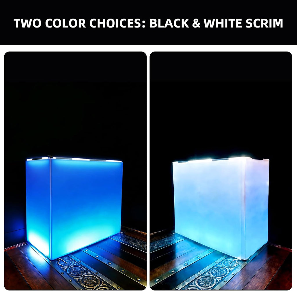 DJ Booth Portable 44 * 21 * 48in, DJ Facade Booth DJ Table Stand w/Black & White Scrim, Carrying Bag, Metal Foldable DJ Stand Table Station for Wedding, Show, Party