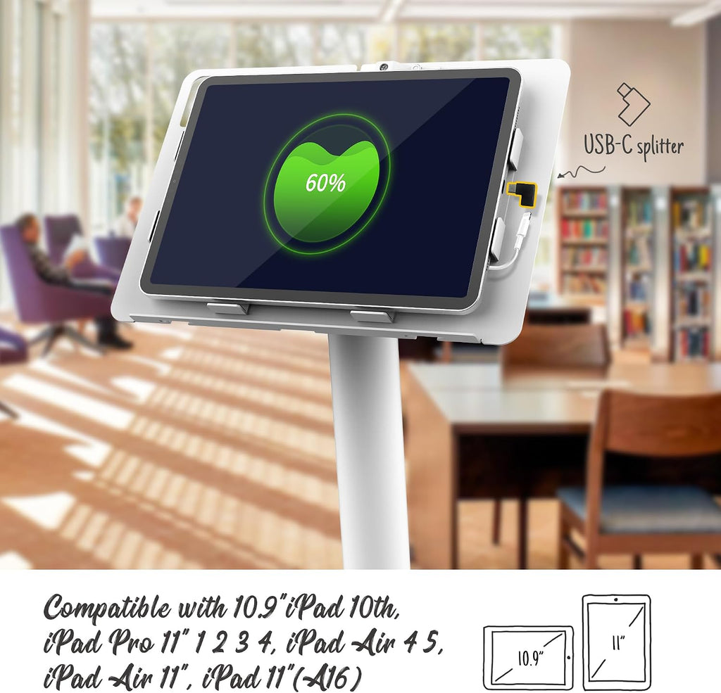 Tablet Kiosk Floor Stand, All Metal Rotate Lockable - Compatible with 10.9' iPad 10th, Pro 11' 1 2 3 4, Air 4 5, Air 11'(M2/M3/M4), iPad 11'(A16) - BSF301WA