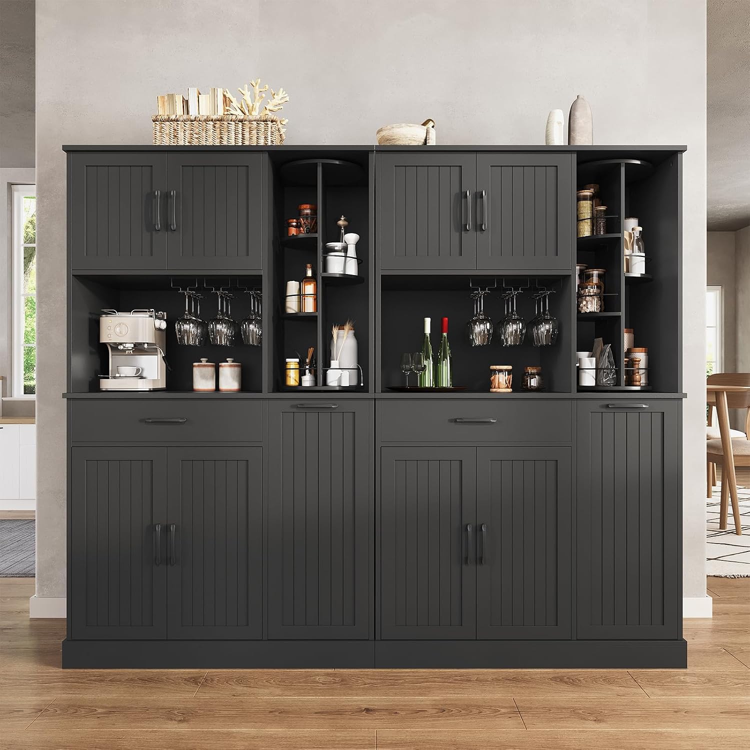 Pantry Cabinet, 67.7' Tall Kitchen Pantry Storage Cabinet with 360° Rotating Shelf & 2 Pull-Out Racks, Freestanding Kitchen Hutch with Charging Station & Drawer, for Dining Room, Black
