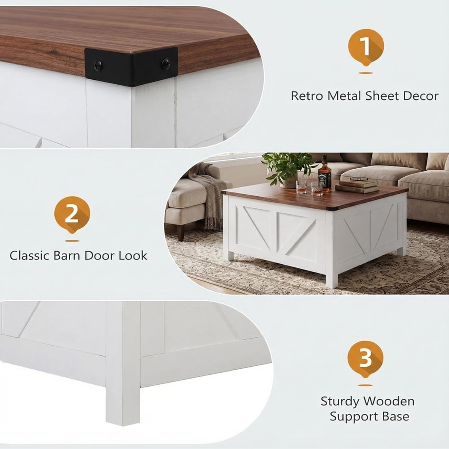 35' Farmhouse Coffee Table with Large Storage, Rustic Wood Lift Top Coffee Table for Living Room, Square Center Table with Charging Station&USB, Modern Port Pottery Barn Lift top Table