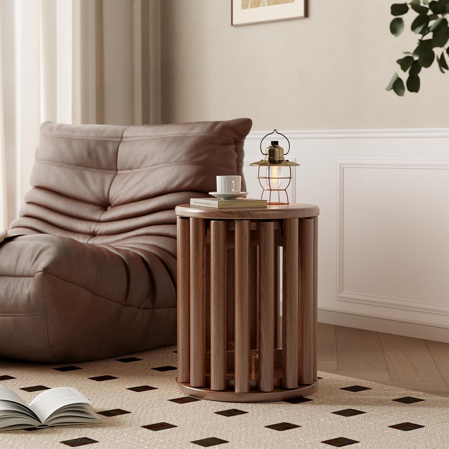 Solid Wood Stackable Stools Set of 4, 100% Wooden Stool No Installation Required Walnut Side Table Multifunctional Space Saving 18 Inch Round Stool Modular Interlocking Coffe Table for Living Room