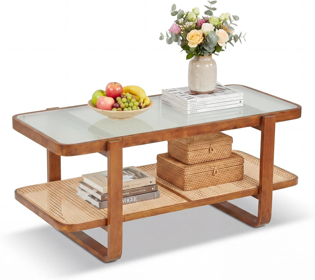 Giantex Rattan Coffee Table, 41.5' Farmhouse Center Table with Storage & Frosted Tempered Glass, Wood Boho Accent Cocktail Tea Table, Modern Living Room Table for Small Spaces, Walnut