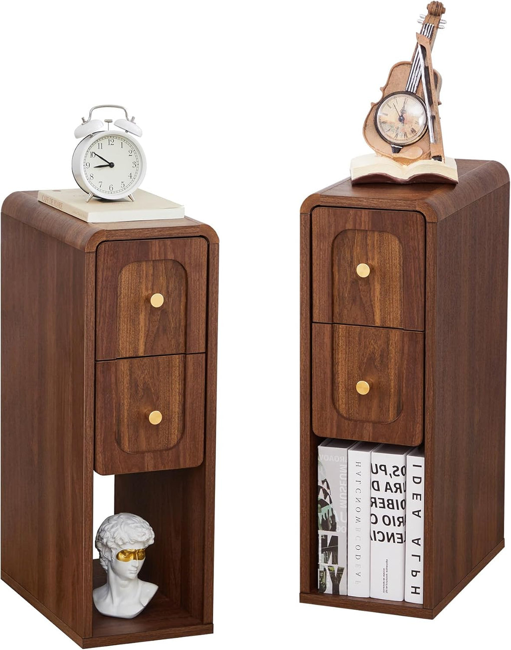 Small Nightstand Set of 2, Wooden Narrow Nightstands with 2 Drawers, Vintage Side End Table for Small Spaces, Skinny Night Stand, Bedside Table for Bedroom, Living Room (Walnut-2PCS)