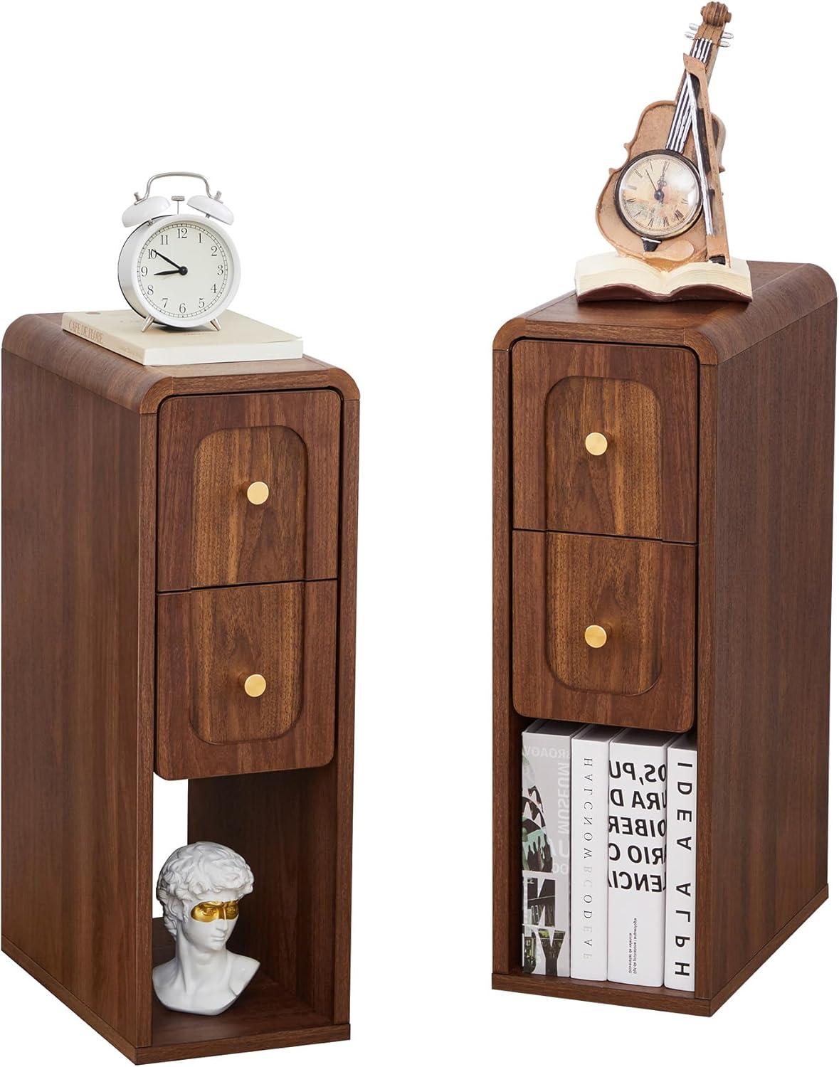 Small Nightstand Set of 2, Wooden Narrow Nightstands with 2 Drawers, Vintage Side End Table for Small Spaces, Skinny Night Stand, Bedside Table for Bedroom, Living Room (Walnut-2PCS)