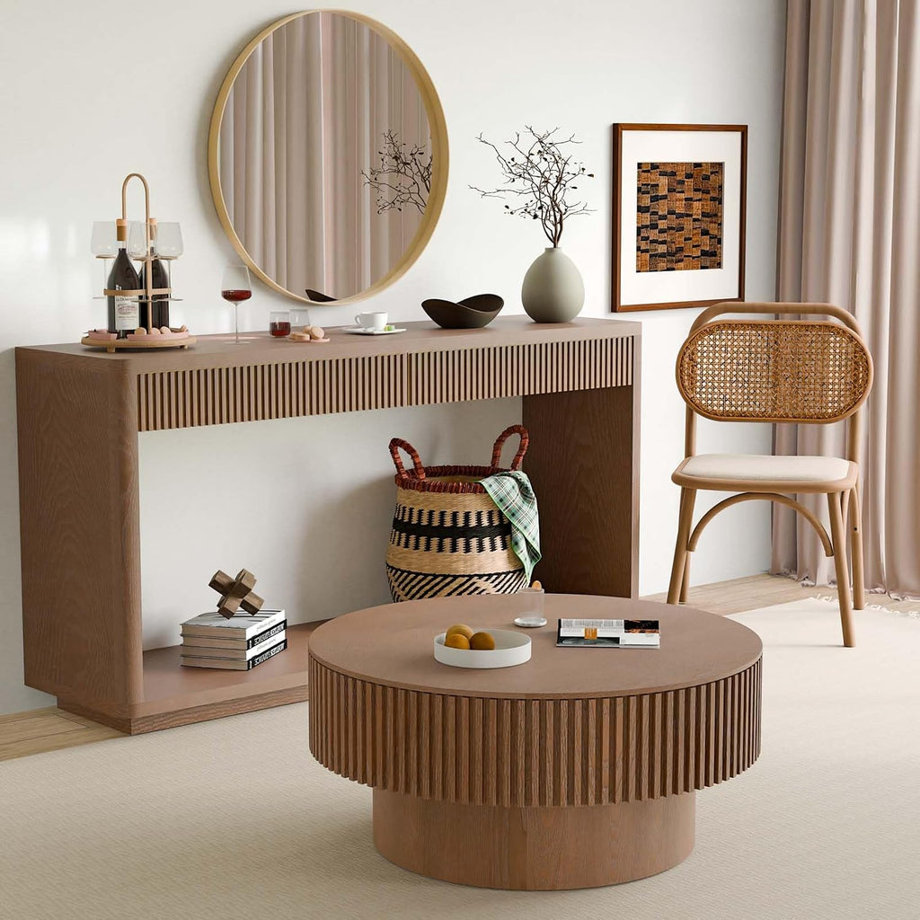Round Coffee Table with Storage, Modern Wooden Coffee Table with Solid Wood Veneered, Circle Center Table Accent Tea Table for Living Room Apartment Small Space (31.5''L × 31.5''W × 14''H, Walnut)