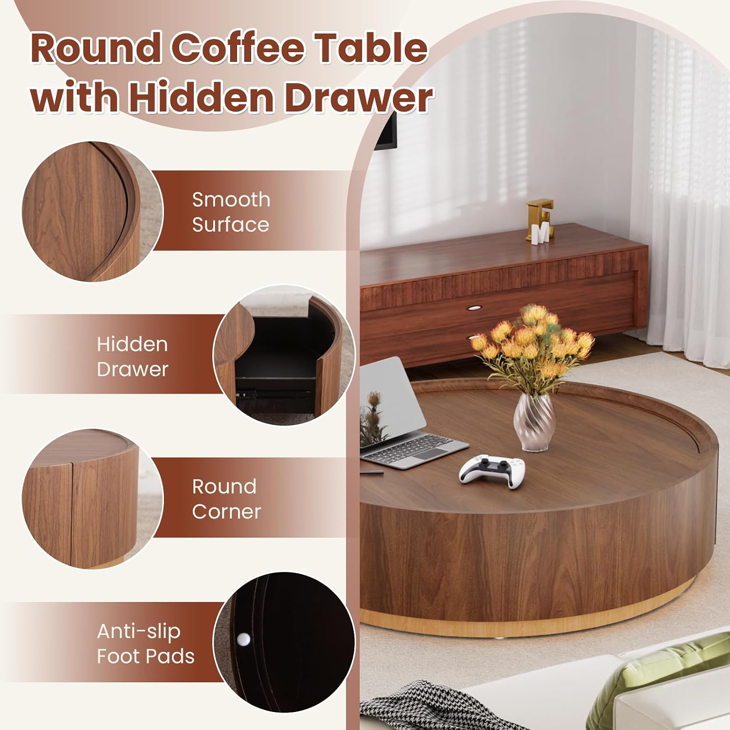 35.4' Round Coffee Table with Storage, Mid Century Modern Coffee Table with Hidden Drawer, Wooden Circle Center Tables, Drum Accent Tea Tables for Living Room Small Spaces (Walnut with Drawer)