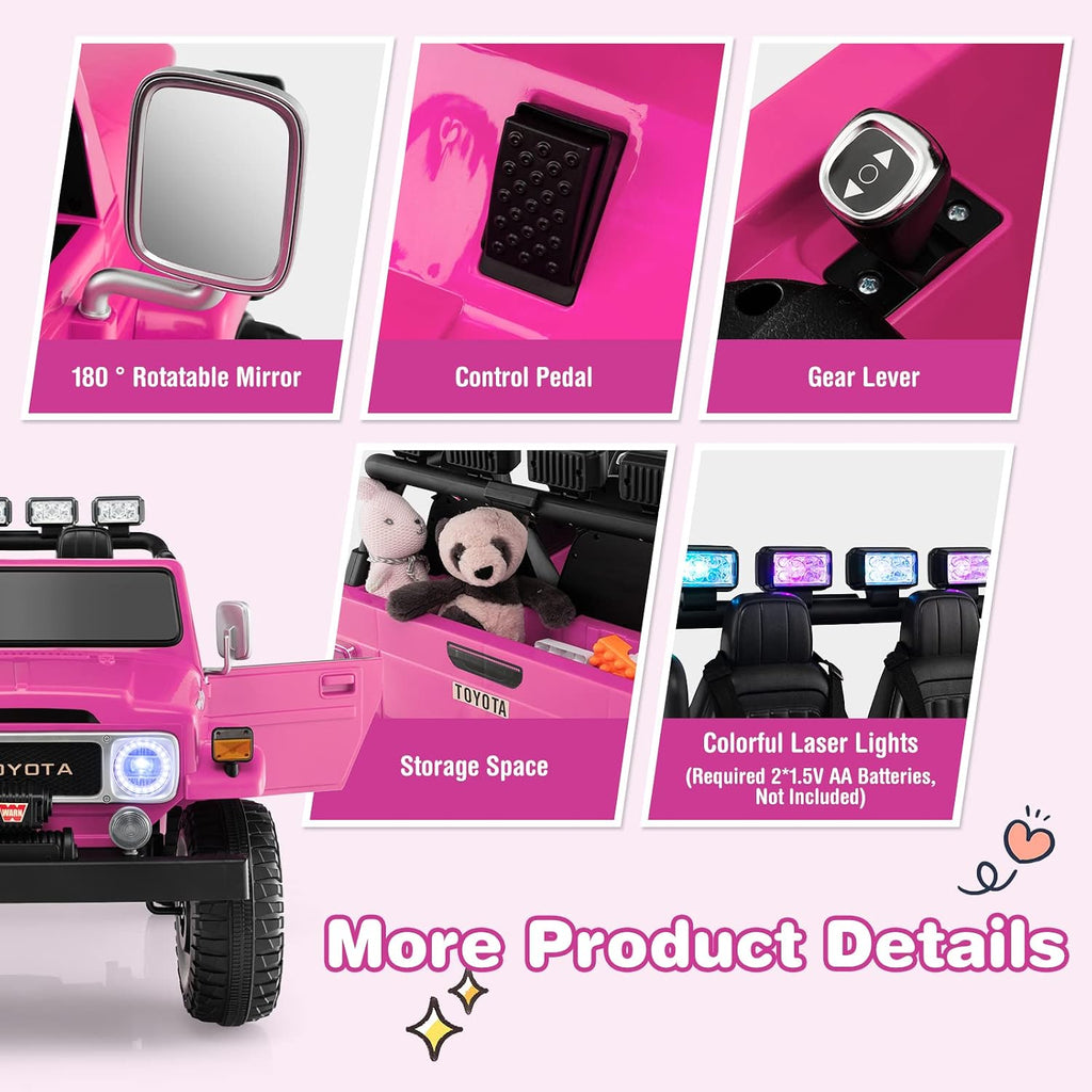 Costzon 2 Seater Ride on Car, 12V Licensed Toyota FJ40 Ride On Truck with 2.4G Remote Control, Spring Suspension, Storage Box, Colorful Lights, Music, USB Port & FM, Electric Car for Kids (Pink)