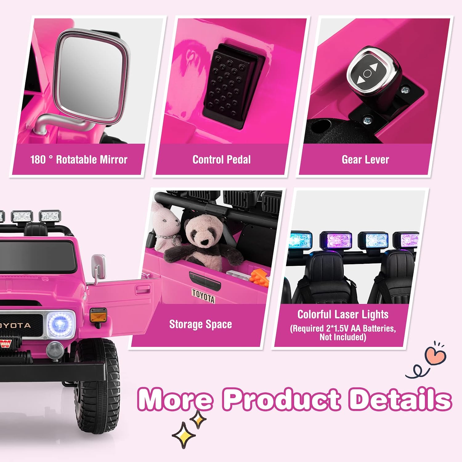 Costzon 2 Seater Ride on Car, 12V Licensed Toyota FJ40 Ride On Truck with 2.4G Remote Control, Spring Suspension, Storage Box, Colorful Lights, Music, USB Port & FM, Electric Car for Kids (Pink)