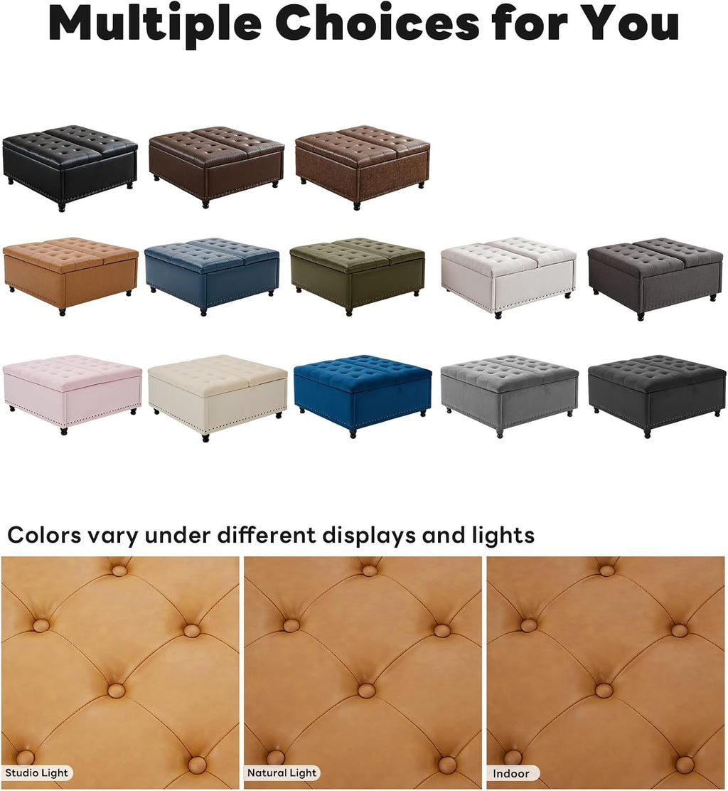 Tbfit Large Square Storage Ottoman Bench, Tufted Upholstered Coffee Table Ottoman with Lift Top & Wooden Legs, Oversized Storage Ottomans Toy Box for Living Room (Camel PU)