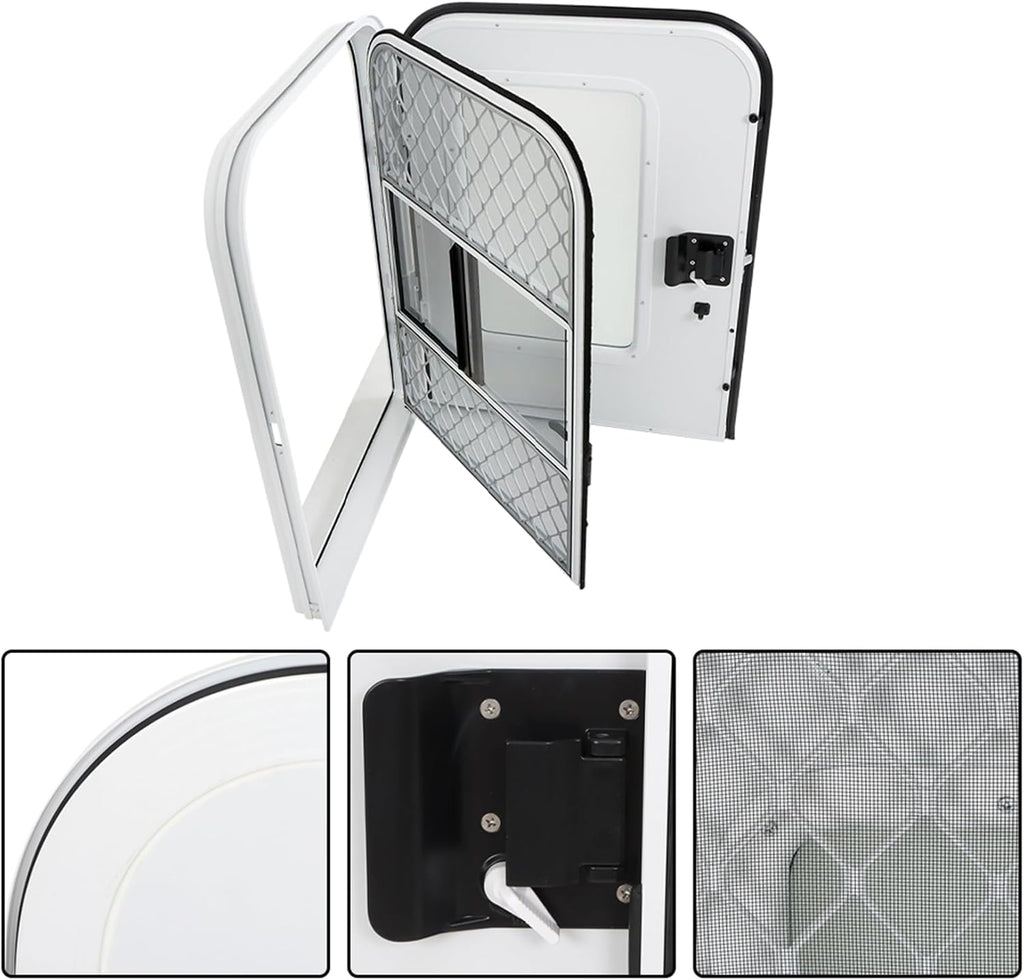 labwork Passenger RV Entry Door with Radius Corners on Top and Square Bottom with Screen Door and Window 26(W) × 36(H) White