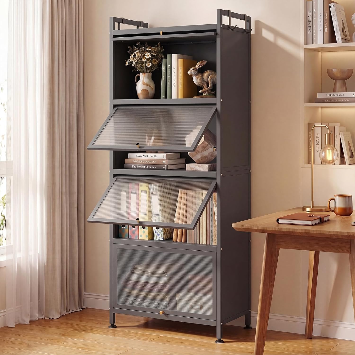LOKO 5-Tier Kitchen Storage Cabinet,Freestanding Baker's Rack with 4 Rolling Casters, Mobile Microwave Stand with Double Anti-toppling Device, for Dining Room, Living Room and Study (Grey, 60.5' H)