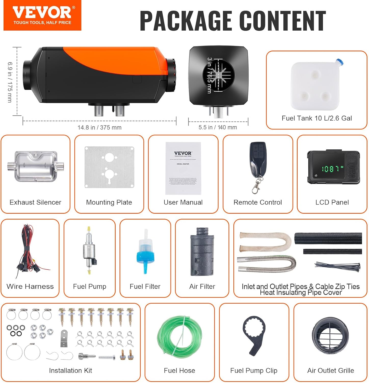 VEVOR 8KW Diesel Heater, Parking Heater with Automatic Altitude Adjustment, Max 18045 ft, Bluetooth App Control Diesel Air Heater, Remote Control and LCD, for Car SUV Trailer Camper Van Boat Garage