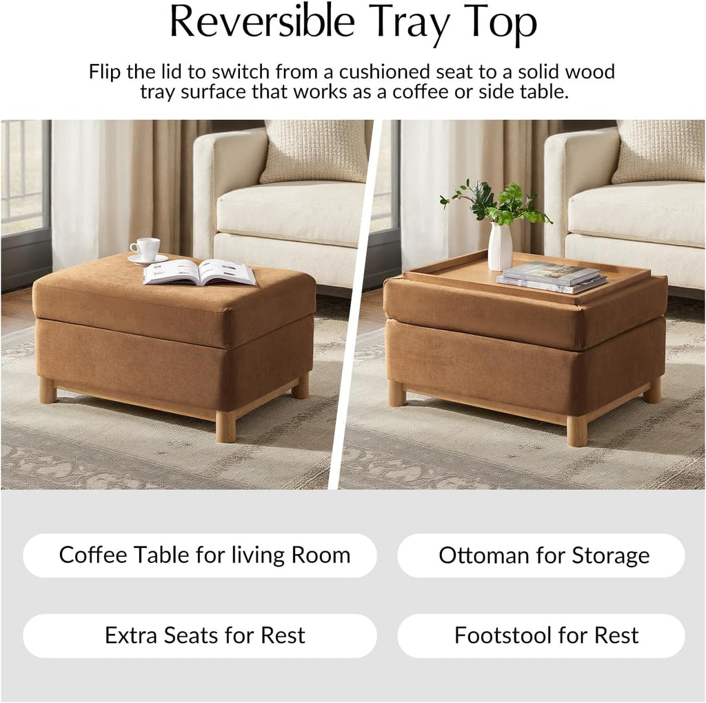HULALA HOME 30.25' Ottoman Coffee Table with Reversible Tray Lid, Modern Upholstered Storage Ottoman with Solid Wood Base, Removable Top, Footrest and Extra Seating for Bedroom or Living Room, CARAMEL