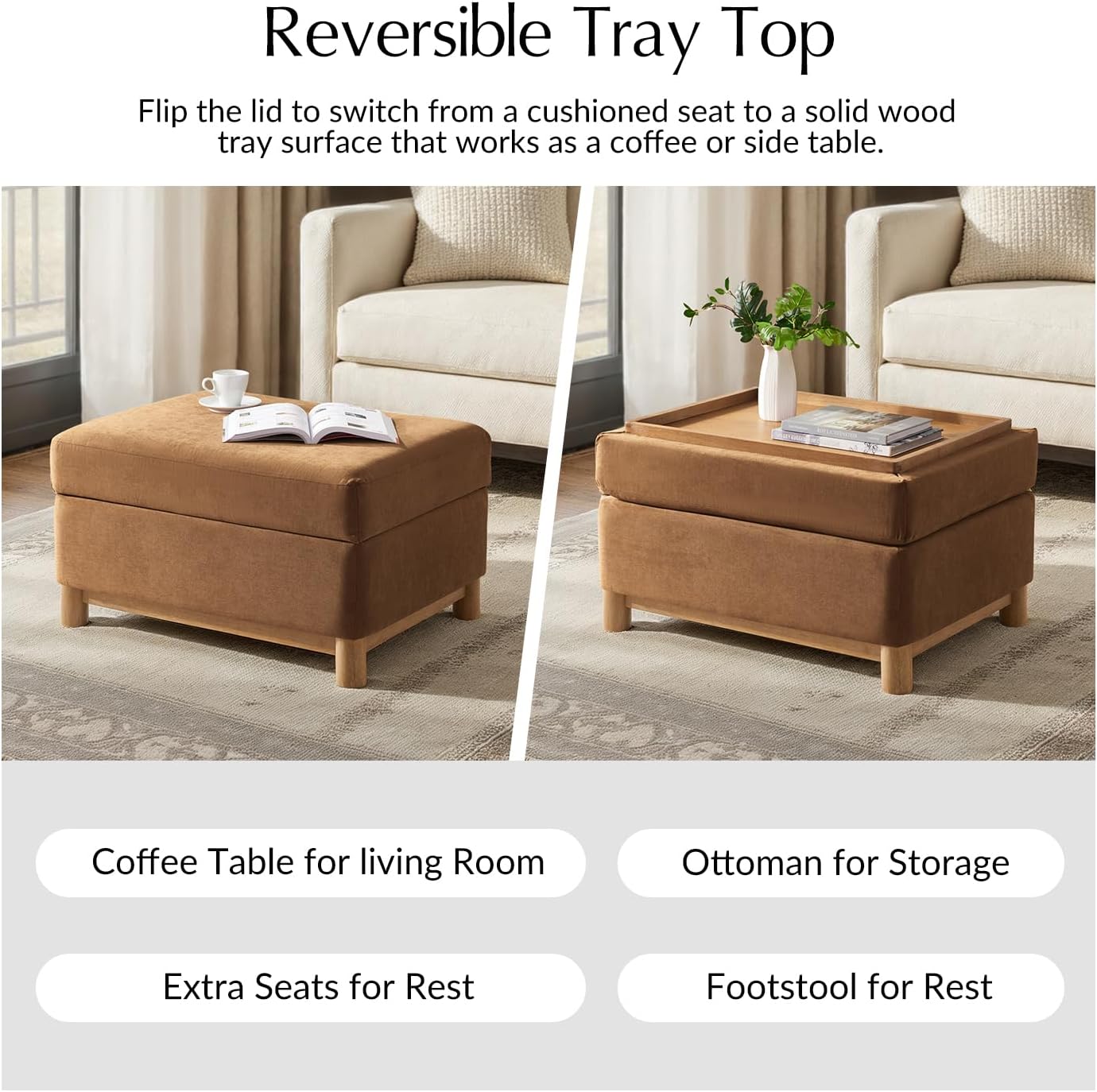 HULALA HOME 30.25' Ottoman Coffee Table with Reversible Tray Lid, Modern Upholstered Storage Ottoman with Solid Wood Base, Removable Top, Footrest and Extra Seating for Bedroom or Living Room, CARAMEL