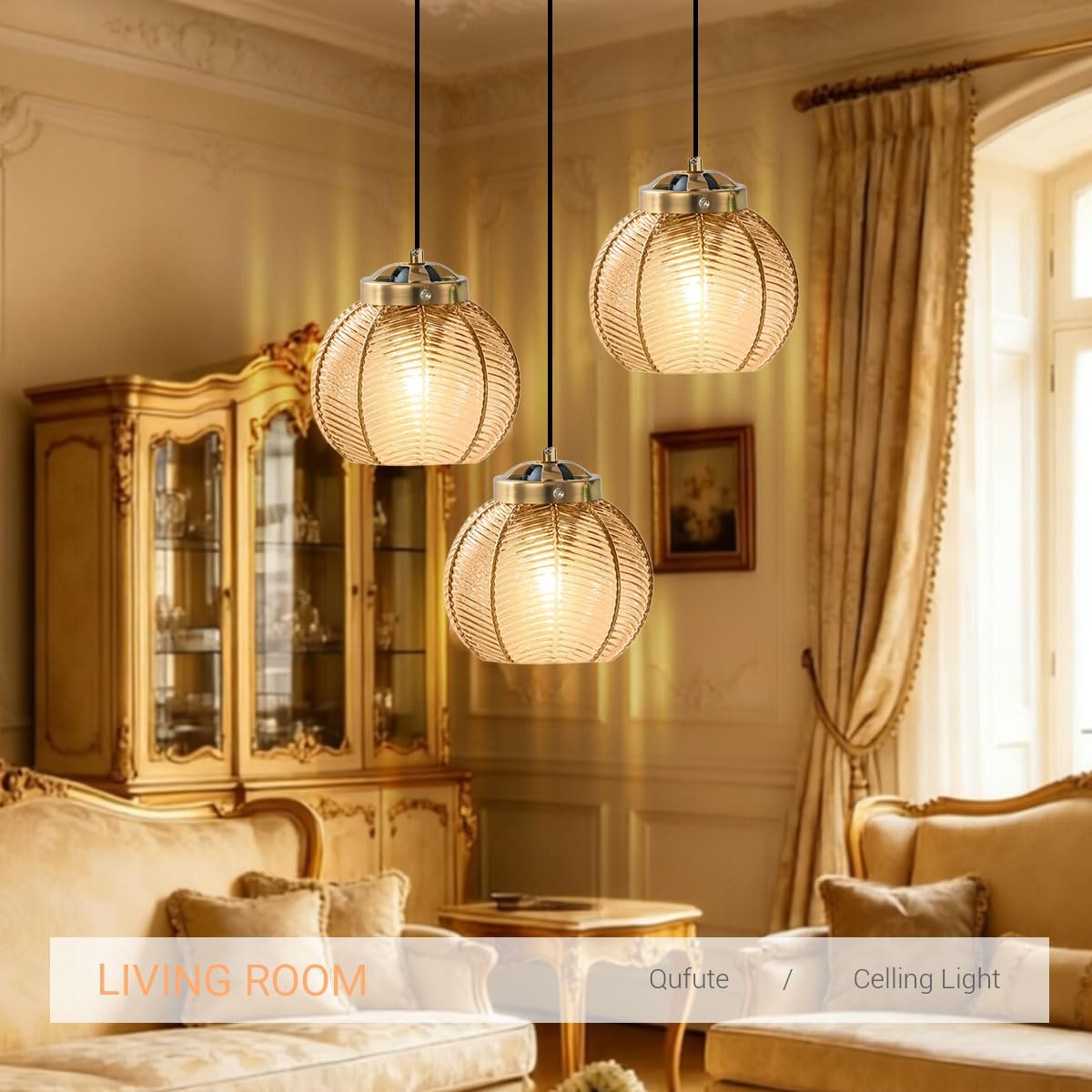 Glass Globe Chandelier 3 Light Cluster Pendant Light Fixture Black Gold Mid Century Modern Ceiling Lights Adjustable Height with Amber Glass Ball Shades Sputnik Chandelier Kitchen