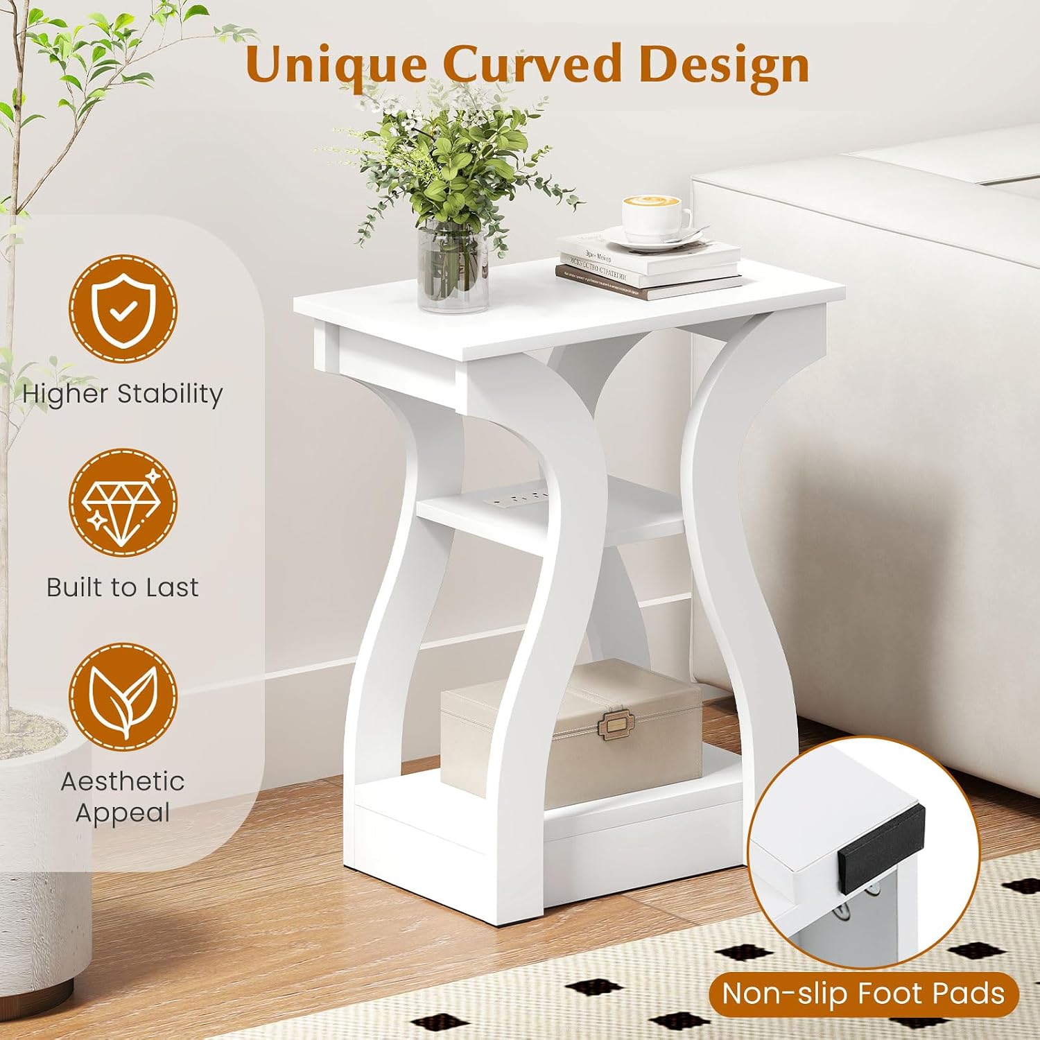 Giantex Narrow End Tables with Charging Station Set of 2, Wood Sofa Side Tables with Open Storage Shelves, Bedside Tables with USB Ports & Outlets, Modern Nightstands for Living Room, Bedroom, White