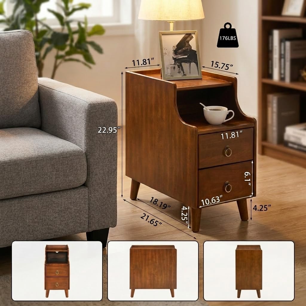 Storage Side End Table with 2 Drawers and Pull-Out Shelf, Small Sofa Side Table for Living Room, No-Tools Assembly, Solid Wood Narrow Beside Tables, 11.8'W x 21.6'L x 22.9'H, Brown, BG-A1359-MG