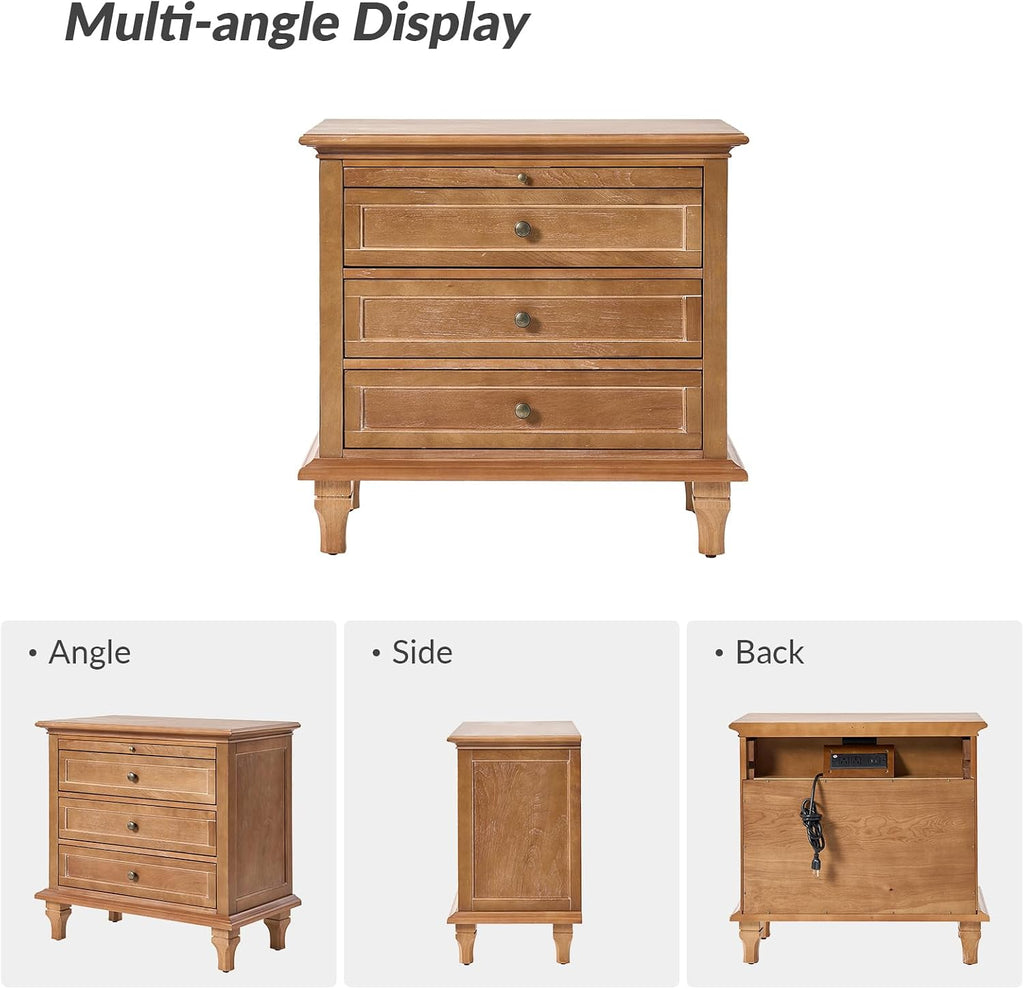 HULALA HOME End Table Set of 2 with Tray, Farmhouse 3 Drawer End Table with Solid Wood Legs, Drawer Organizer with Charging Station, Acorn