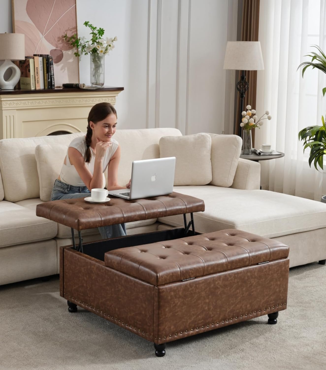 Tbfit Large Square Storage Ottoman Bench, Tufted Upholstered Coffee Table Ottoman with Lift Top & Solid Wood Legs, Oversized Storage Ottomans Toy Box for Living Room (Brown)