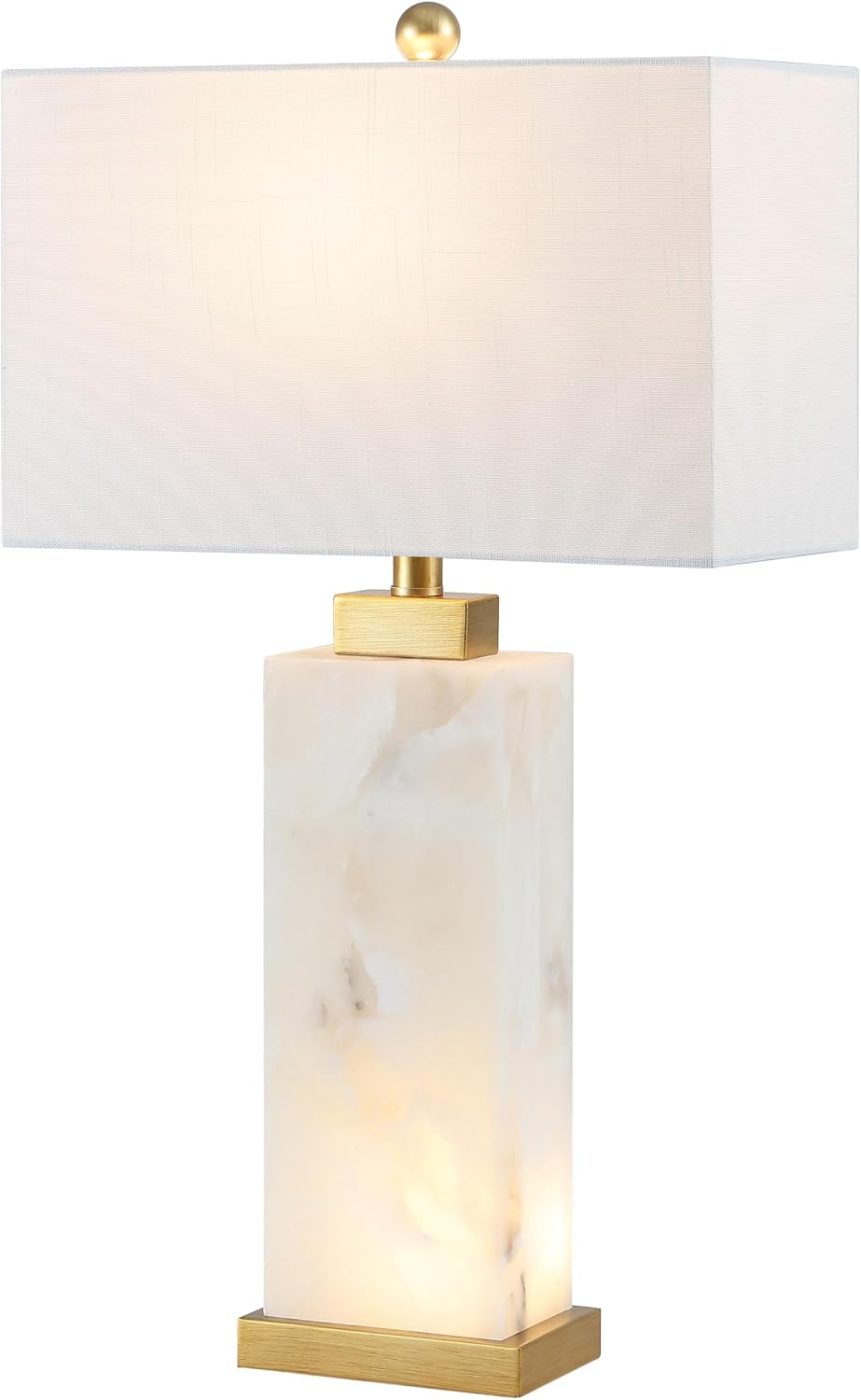 JONATHAN Y 27.5' White/Gold Modern Alabaster Rectangular Table Lamp with Night Light Contemporary Coastal Bedside Lamp for Bedroom with White Linen Shade LED Bulbs Included JYL6201A