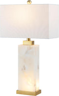JONATHAN Y 27.5' White/Gold Modern Alabaster Rectangular Table Lamp with Night Light Contemporary Coastal Bedside Lamp for Bedroom with White Linen Shade LED Bulbs Included JYL6201A