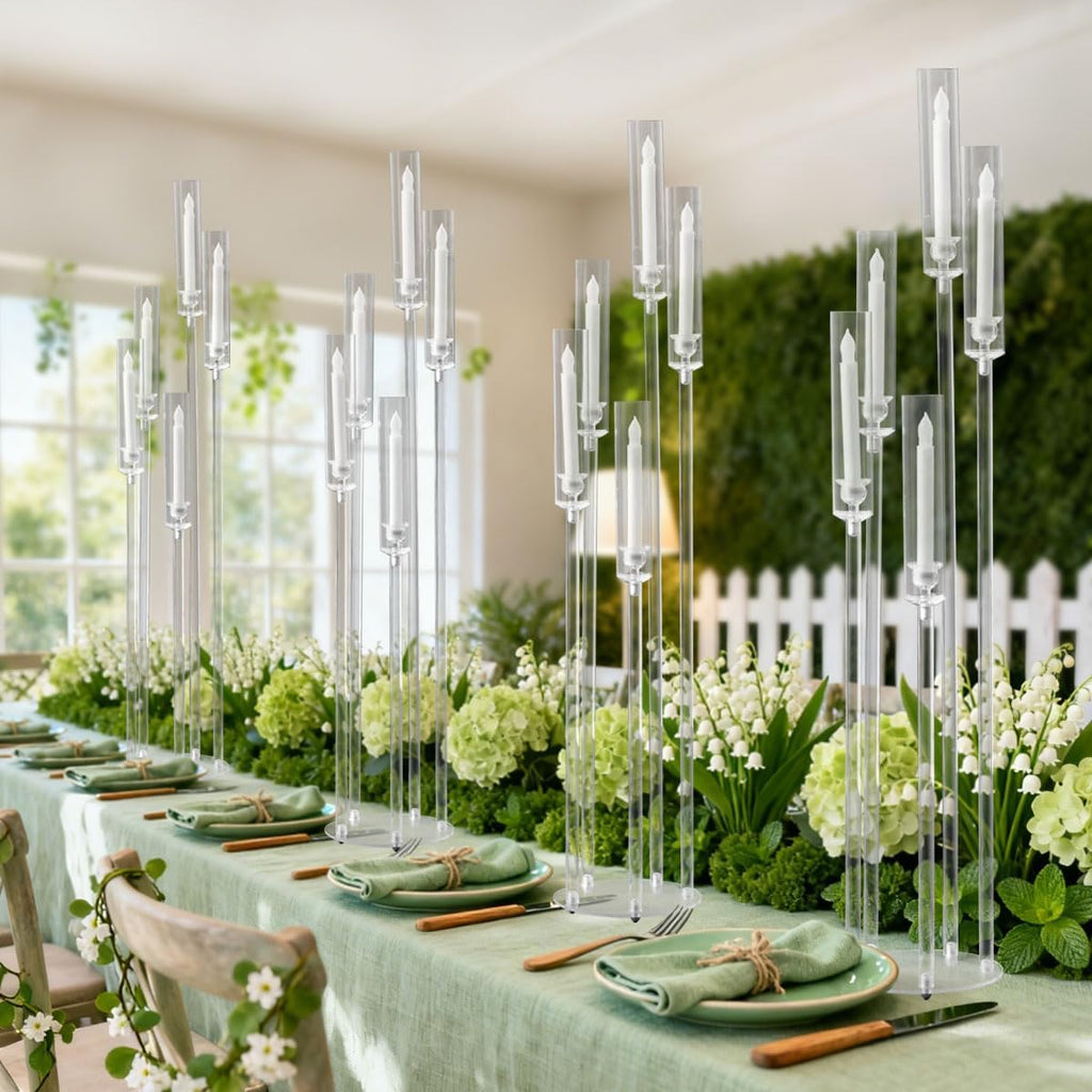 6PCS Acrylic Candelabra Centerpieces for Tables, 5 Arm Clear Candelabra Candle Holders for Wedding Centerpieces, Tall Floor Candelabras for Event Party Home Decor Fits 0.8 LED Candles