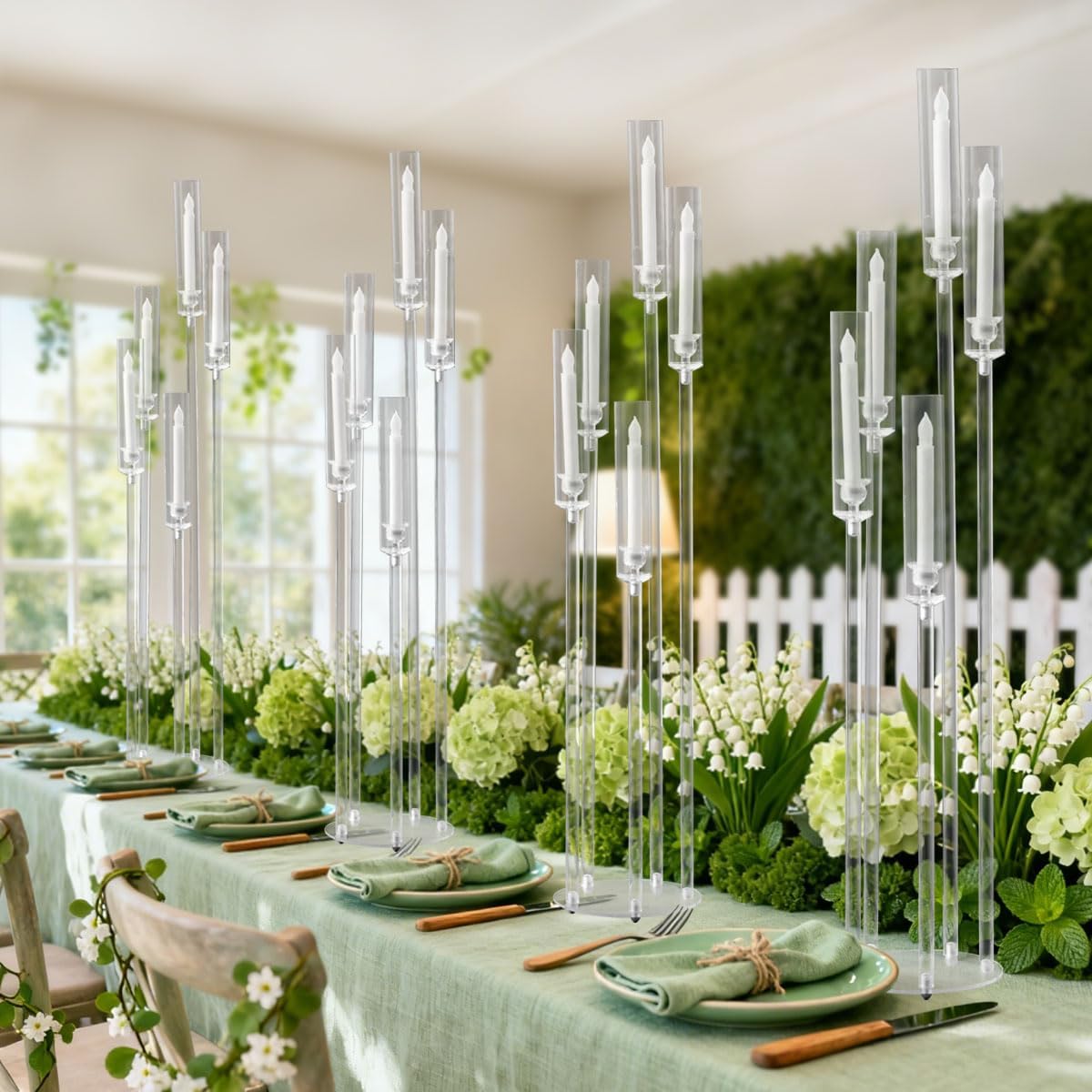 6PCS Acrylic Candelabra Centerpieces for Tables, 5 Arm Clear Candelabra Candle Holders for Wedding Centerpieces, Tall Floor Candelabras for Event Party Home Decor Fits 0.8 LED Candles