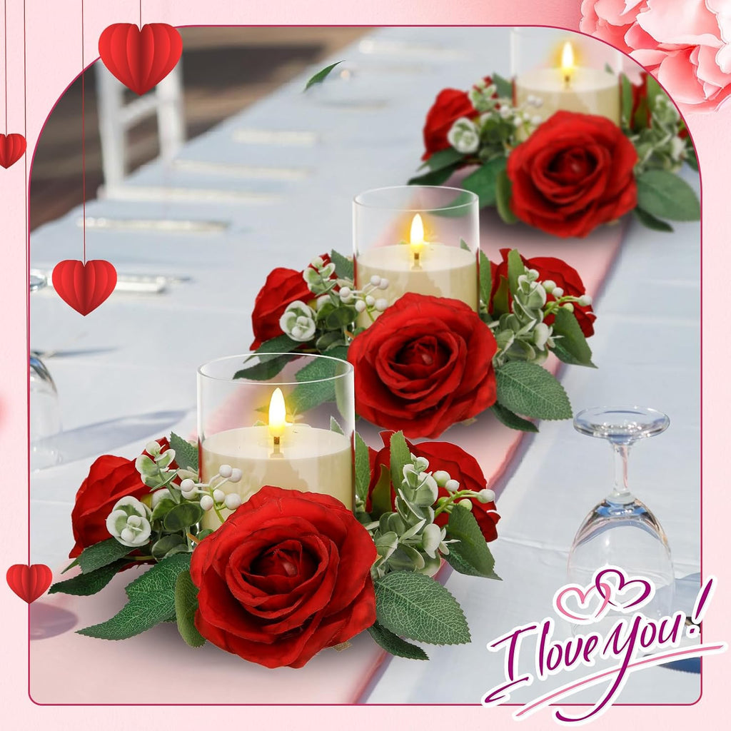 Yunlly 36 Pcs Rose Candle Rings with Flameless Candles Sets, Artificial Flower Eucalyptus Wedding Centerpiece 3 Inch Pillar Candleholders Wreaths for Wedding Party Mother's Day (Red)