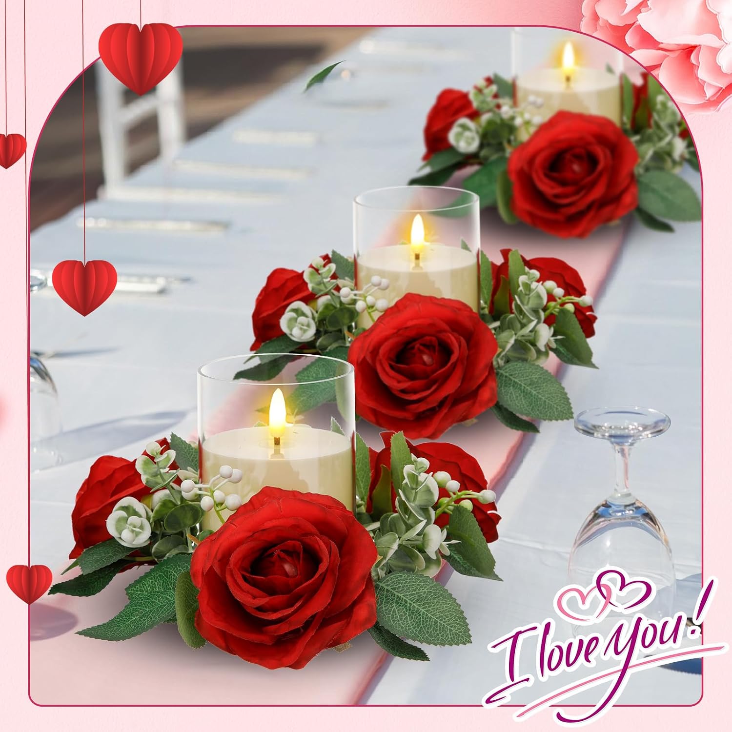 Yunlly 36 Pcs Rose Candle Rings with Flameless Candles Sets, Artificial Flower Eucalyptus Wedding Centerpiece 3 Inch Pillar Candleholders Wreaths for Wedding Party Mother's Day (Red)