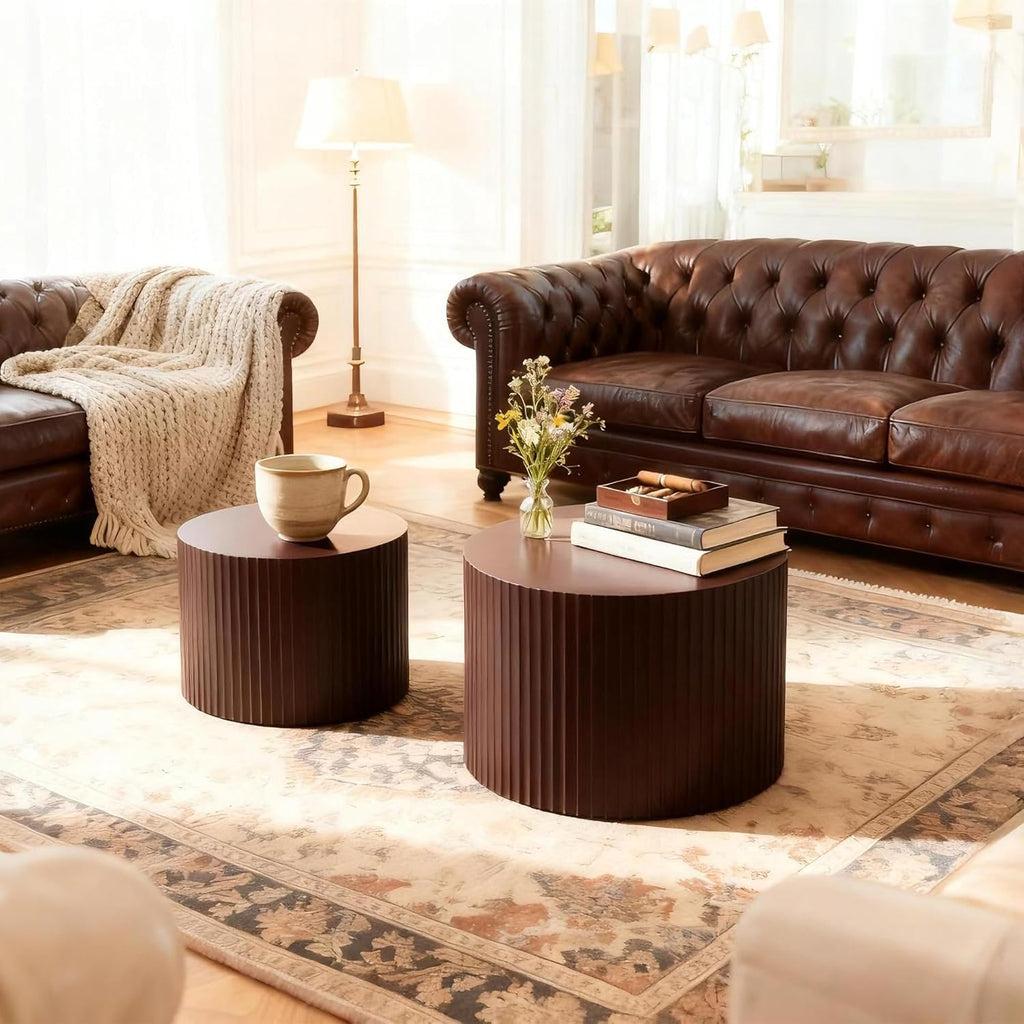Nesting Coffee Table Set of 2, 23.6 inch Round Coffee Tables, MDF Nesting Tables with Roman Column Design, Modern Handcrafted Wooden Drum Accent Tables for Living Room - Dark Brown