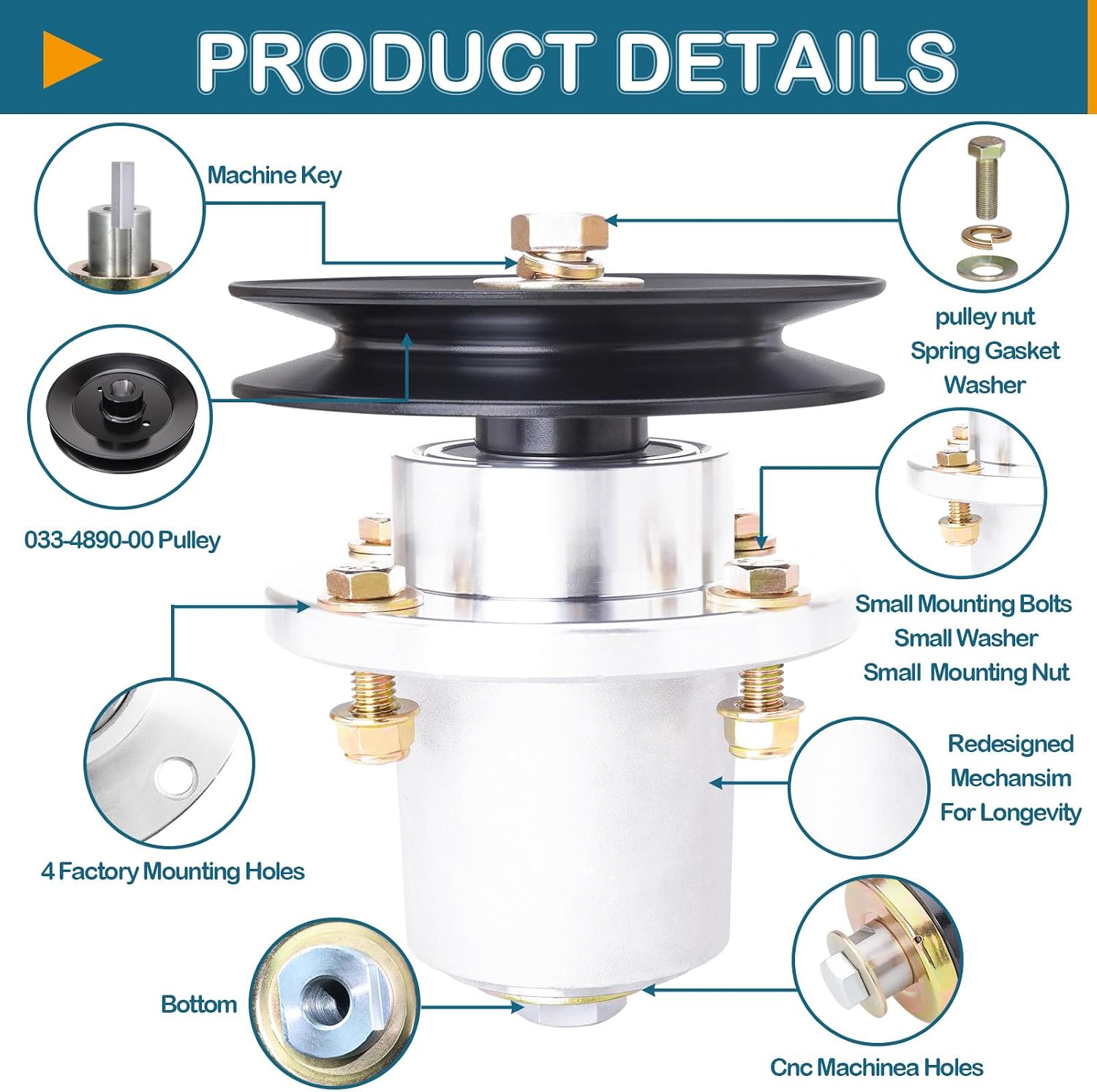 54' Deck Spindle Assembly (037-2000-00 037-2050-00) Pulley (033-4890-00) Fits Bad Boy MZ & MZ Magnum ZT Avenger Mower (3 Pack)