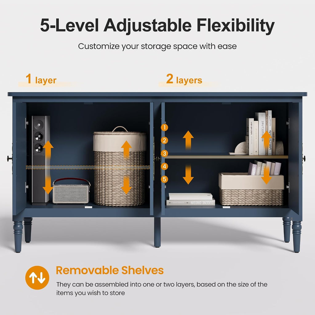 RoyalCraft 118' Buffet Cabinet with Storage, Vintage Sideboard with Adjustable Shelves, Mid Century Modern Painted Credenza Coffee Bar for Kitchen, Dining Room, Entryway, Living Room, Navy Blue
