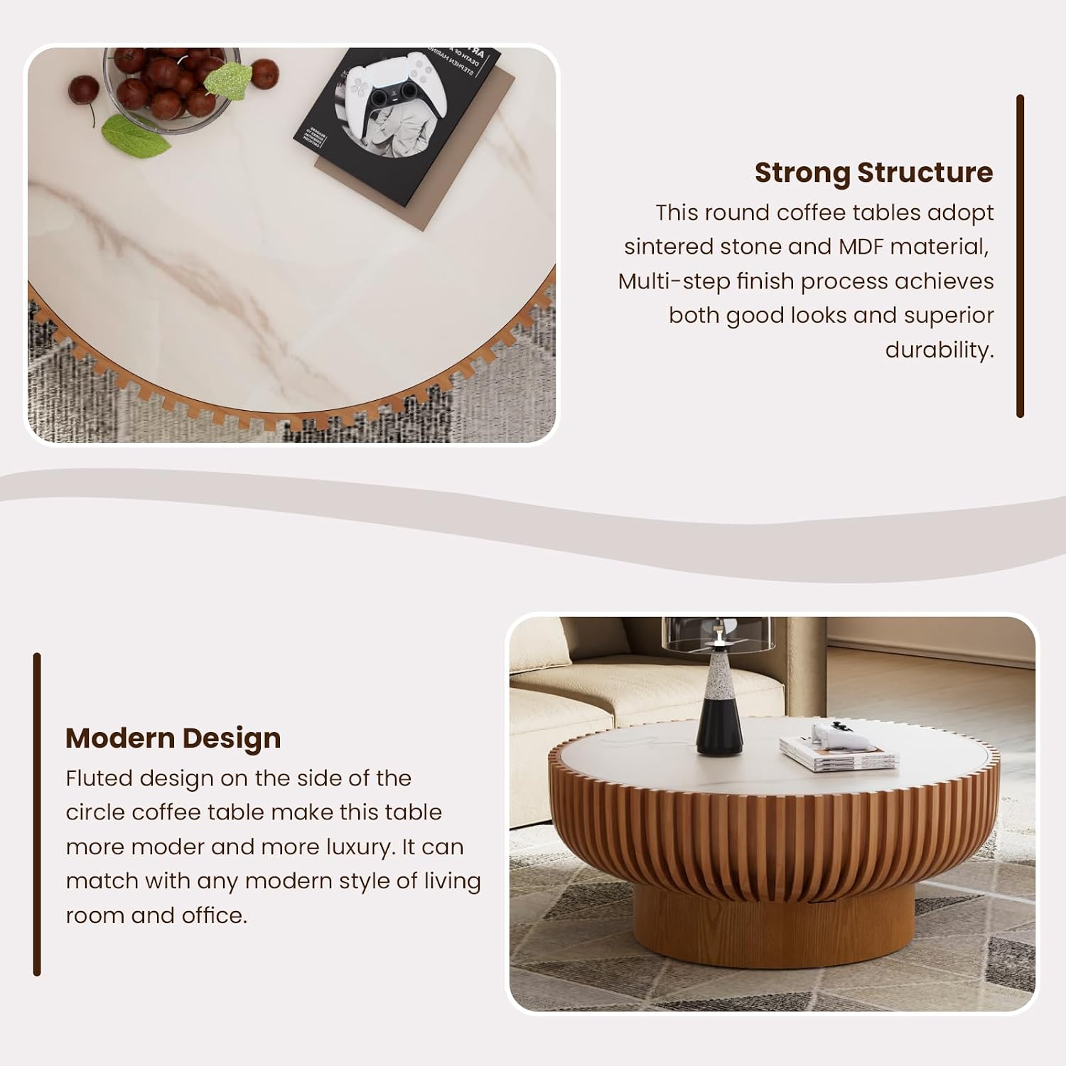 Fluted Round Coffee Table, 31.5' Drum Coffee Table with Sintered Stone Tabletop, Modern Wood Circle Center Table for Living Room Apartment, Easy Assembly (31.5' Sintered Stone Tabletop)