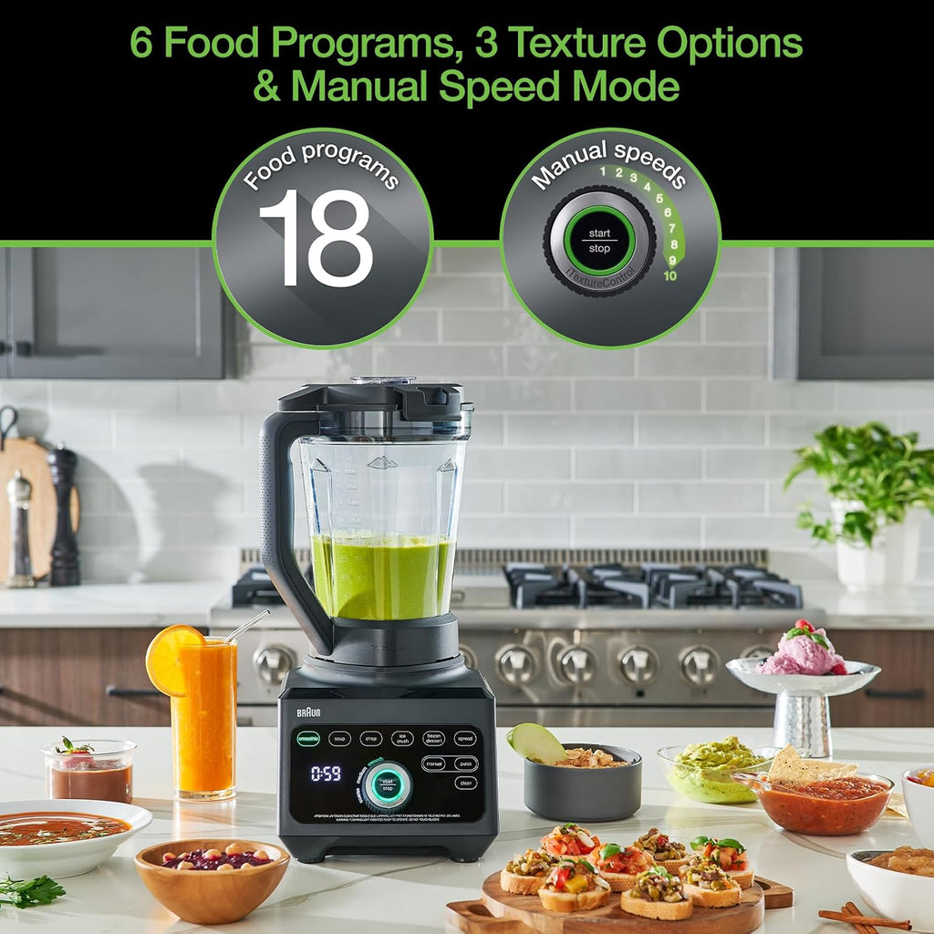 Braun TriForce Power Blender - Powerful 1600 Watt Countertop Blender with 10 Manual Speeds, 3 Texture & 6 Food Settings, Stainless Steel Blades, Auto-Clean, Heated Blending Function for Soups