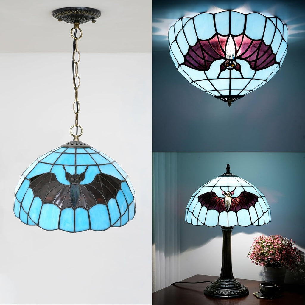 Tiffany Lamp Shade Replacement, 12 Inch Blue-backed Bat Stained Glass Vintage Handmade Cute Decor Ceiling Light Shade for Table Lamp Pendant Light