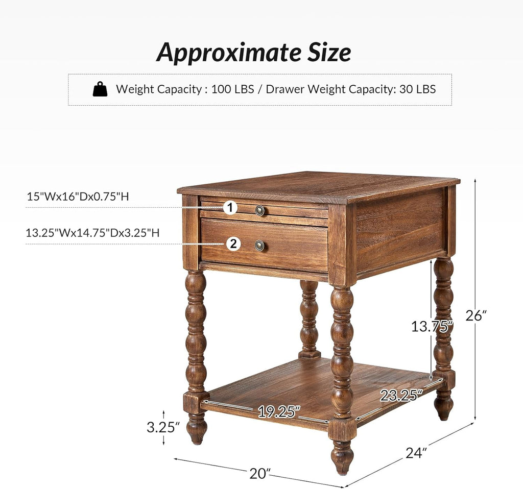 HULALA HOME Spindle Nightstands with Charging Station, Solid Wood Nightstand with Drawer Shelf, Side Table with Pull-Out Shelf (2, Walnut)