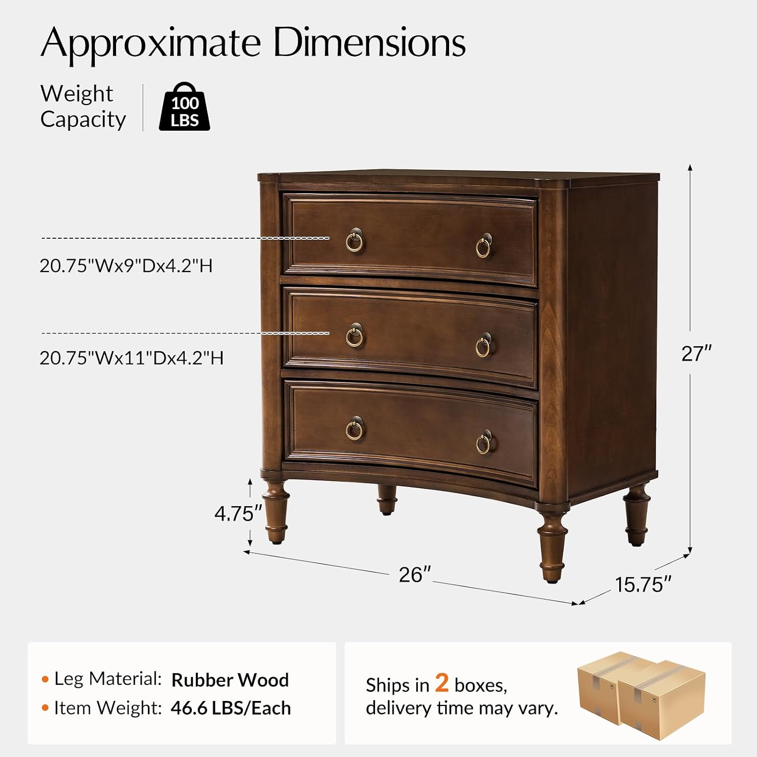 HULALA HOME 3 Drawer End Tables Set of 2 with Charging Station, 26' Wide Endtables with Solid Wood Legs and Curved Profile, Classic Side Tables for Living Room, Walnut