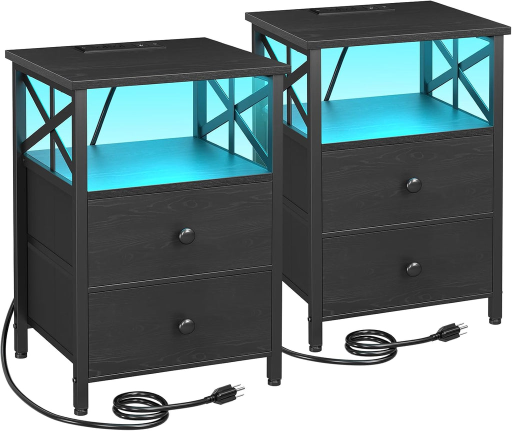 AMHANCIBLE Night Stand Set of 2 with Charging Station and LED Lights, Large 2-Drawer Bedside Tables with USB Ports and AC Outlets, Modern Nightstand for Bedroom, Black, HET052LBK