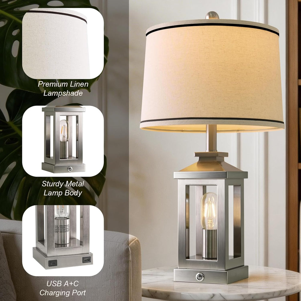 G-SAFAVA 24' Table Lamps for Living Room Bedroom Modern Metal Bedside Lamps Set of 2 Nightstand Lamp for Night Stands 3 Way Dimmable Touch Lamp with USB C+A Ports and 2 Light Sources, 4 Bulbs Includes