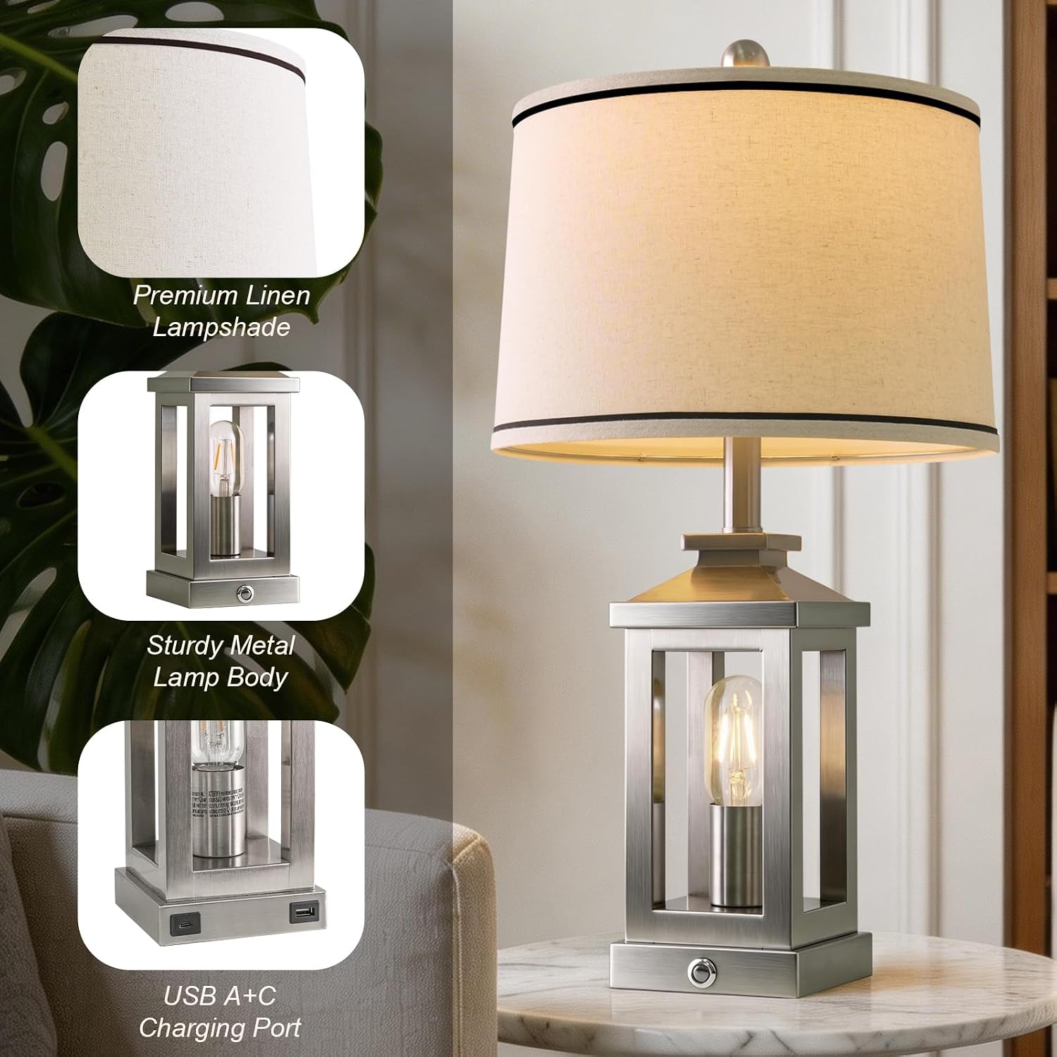 G-SAFAVA 24' Table Lamps for Living Room Bedroom Modern Metal Bedside Lamps Set of 2 Nightstand Lamp for Night Stands 3 Way Dimmable Touch Lamp with USB C+A Ports and 2 Light Sources, 4 Bulbs Includes