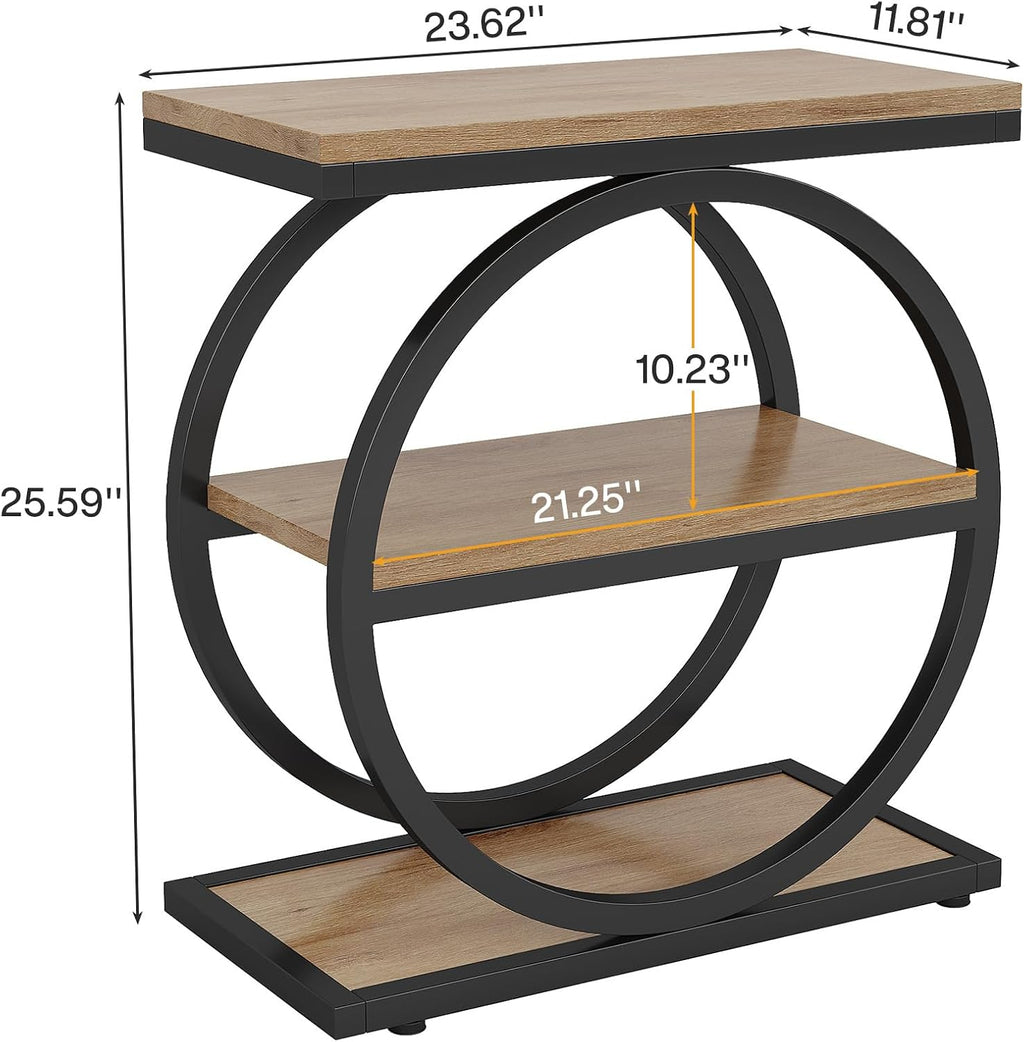 Tribesigns Side End Table with 3 Storage Shelves Set of 2, Industrial Sofa Table with Round Metal Frame for Living Room, Engineered Wood Nightstand for Bedroom, Oak