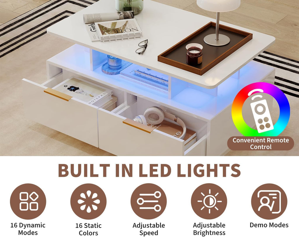 GarveeHome High Gloss LED Coffee Table,35' Modern High Glossy Wood CocktailCoffee Tables with Storage,2-Tier Living Room Table Center Tables with 4 Drawers&Open Shelf,Sofa Table for Home/Office(White