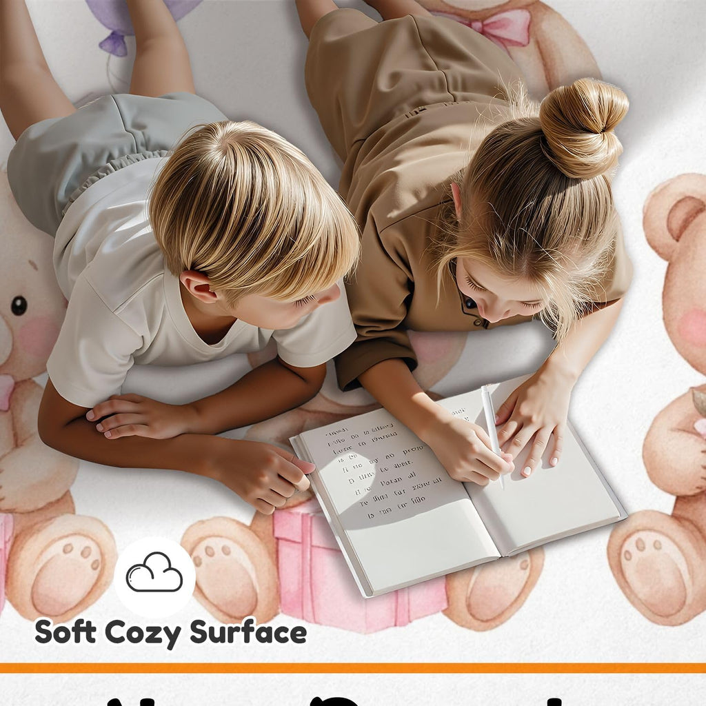 10x14 Kids Learning Rug Washable Area Rugs Set Teddy Bears Pink Balloon Party Cute Baby Teddy Bear Alphabet ABC Learning Carpet Soft Rubber Backed Non-Slip Carpets for Classroom Preschool Nursery